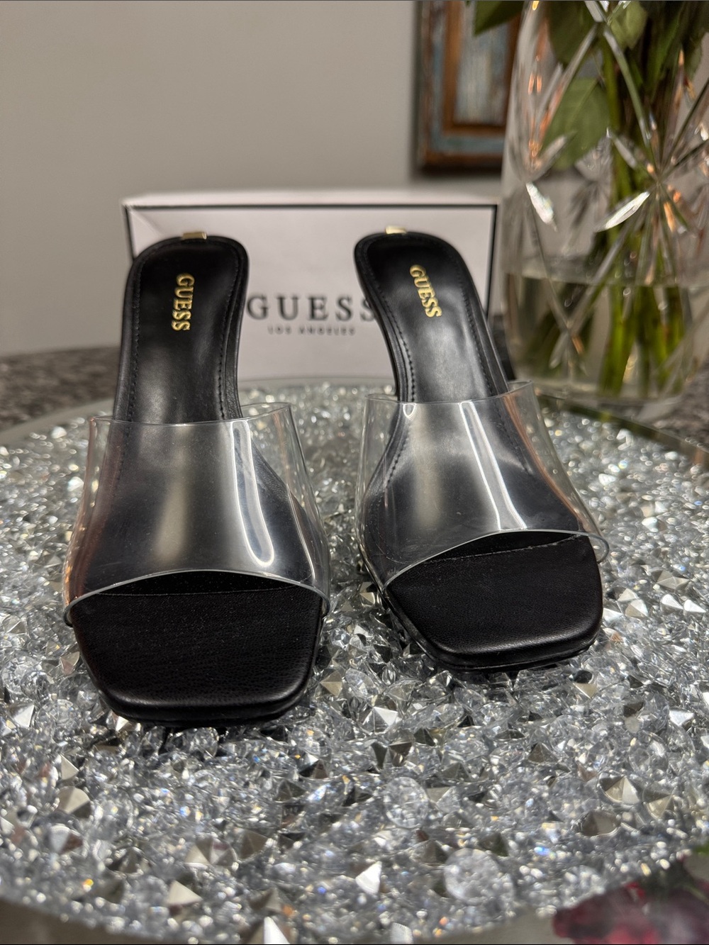GUESS Hambree Black Heeled Mule with Clear PVC Strap NEW 6.5 - Picture 4 of 14
